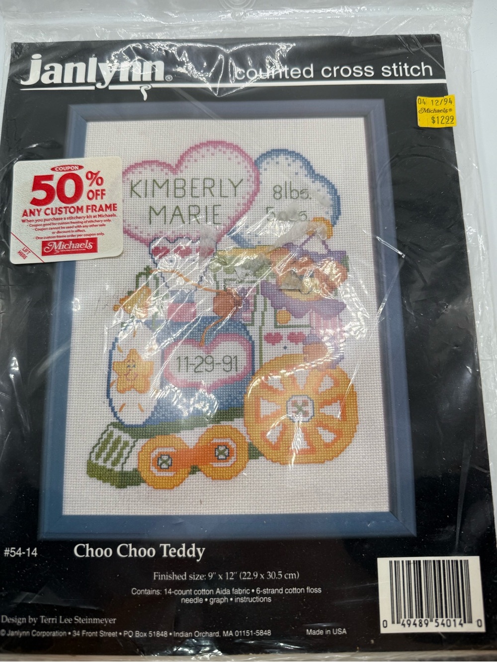 Vintage Janlynn Choo Choo Teddy Birth Record 14 Counted Cross Stitch Kit New